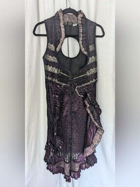 Women's Adjustable 100%Silk Lace-Up Ruffled Vest in Deep Plum With Gold Accent